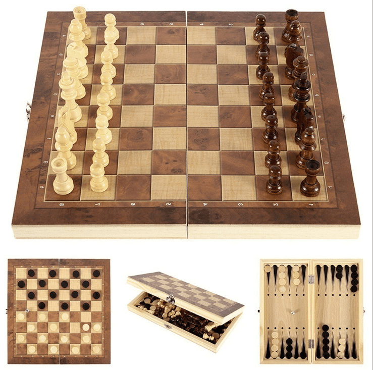 3 In 1 Portable Wooden Foldable Chess Board/Checkers/Backgammon Set With Carrying Case - JigyasaLLC